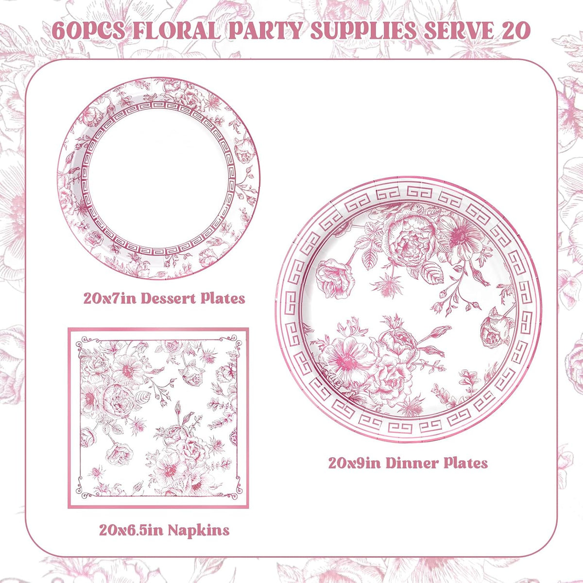 60Pcs Pink Floral Paper Plates and Napkins Party Supply,Serves 20
