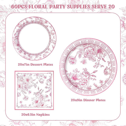 60Pcs Pink Floral Paper Plates and Napkins Party Supply,Serves 20
