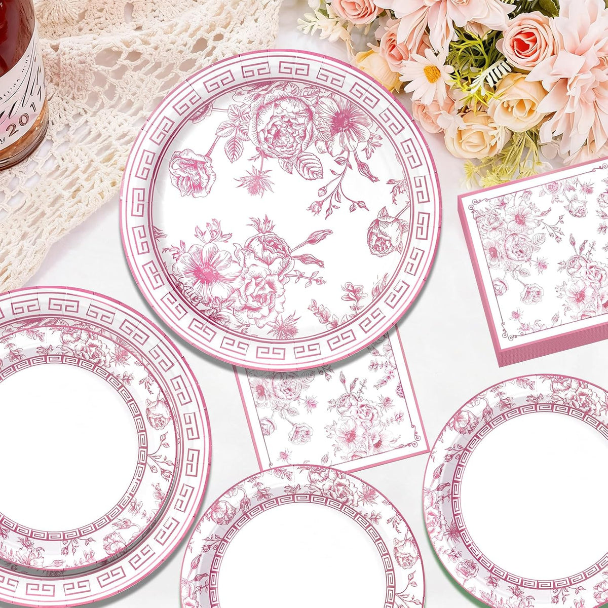 60Pcs Pink Floral Paper Plates and Napkins Party Supply,Serves 20