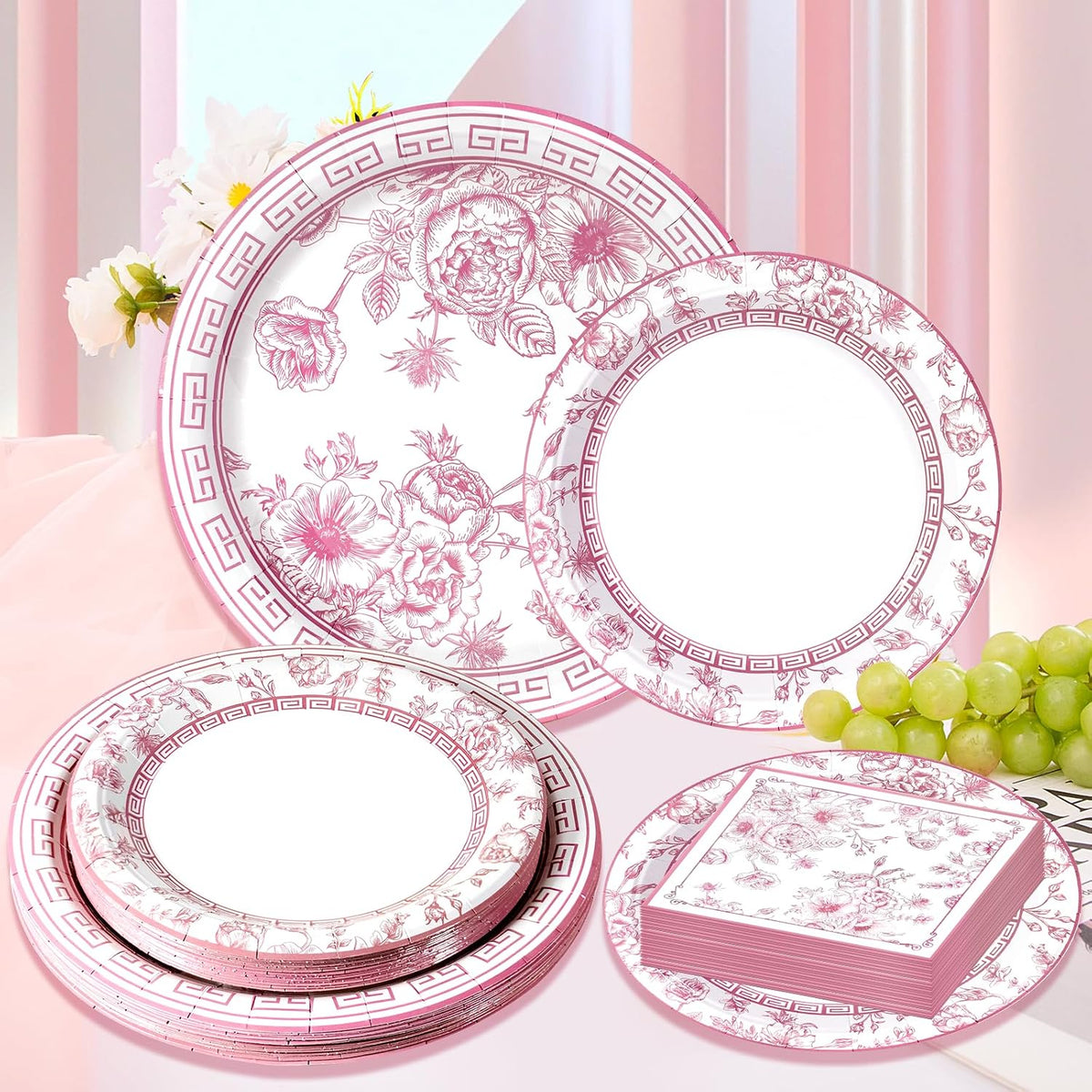 60Pcs Pink Floral Paper Plates and Napkins Party Supply,Serves 20