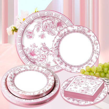 60Pcs Pink Floral Paper Plates and Napkins Party Supply,Serves 20
