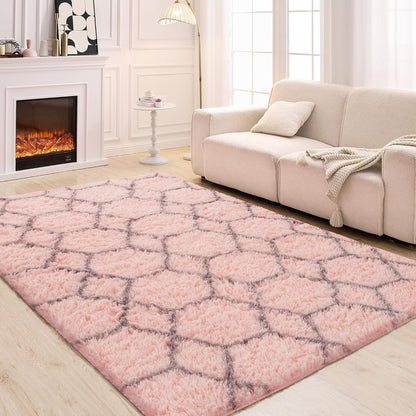 6x9 Pink Area Rugs for Living Room Bedroom, Washable Large Fluffy Throw Rug, Geometric Soft Plush Shaggy Floor Carpet for Nursery Kids Girls Boys Teen Dorm Home Decor Aesthetic, Pink/Grey