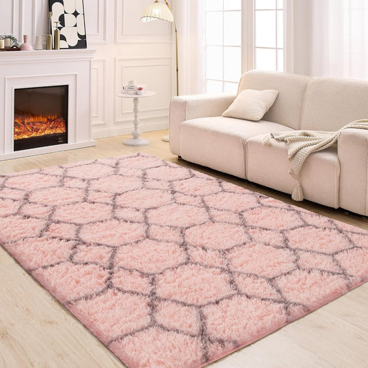 6x9 Pink Area Rugs for Living Room Bedroom, Washable Large Fluffy Throw Rug, Geometric Soft Plush Shaggy Floor Carpet for Nursery Kids Girls Boys Teen Dorm Home Decor Aesthetic, Pink/Grey