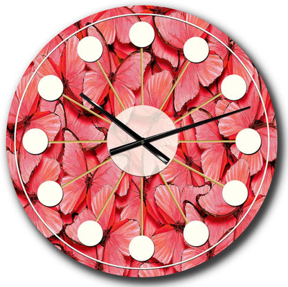 DesignQ Mid-Century Modern Wall Clock 'Coral Pink Butterflies' Red Round Wall Clock for Home Decor