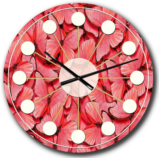 DesignQ Mid-Century Modern Wall Clock 'Coral Pink Butterflies' Red Round Wall Clock for Home Decor
