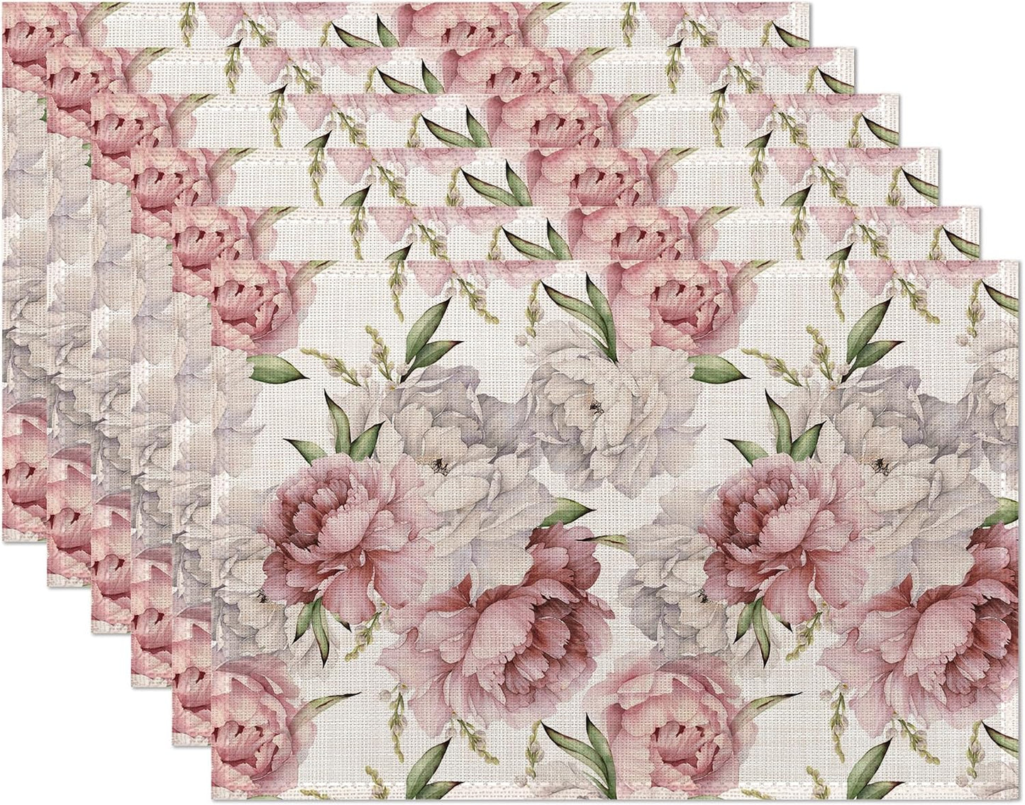 Placemats,Pink White Peony Flower Placemats 12x18 Inch Waterproof Non-Slip Washable Table Mats for Kitchen Dining Party Table Decor,Set of 6