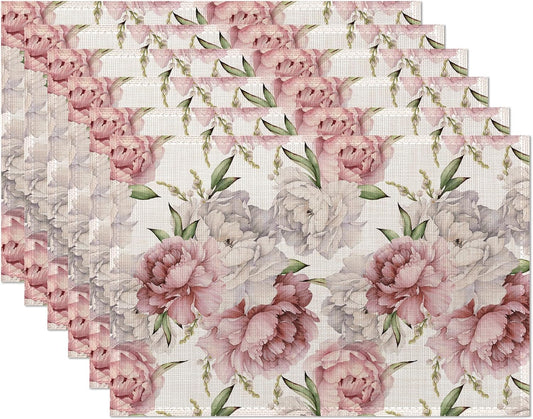Placemats,Pink White Peony Flower Placemats 12x18 Inch Waterproof Non-Slip Washable Table Mats for Kitchen Dining Party Table Decor,Set of 6