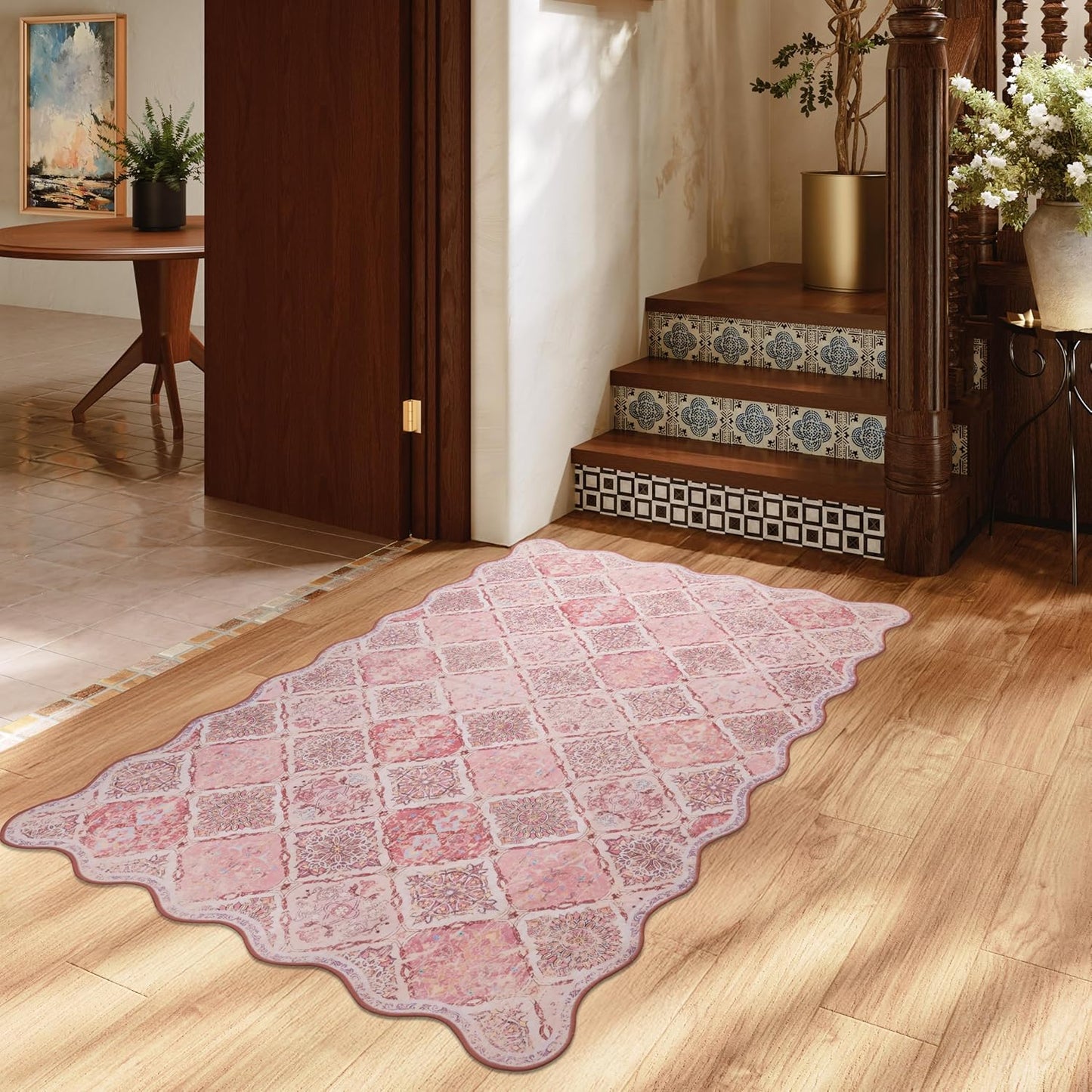 Moroccan 3x5 Area Rug, Unique Scalloped Ultra-Thin Soft Washable Rug, Non-Slip Stain Resistant Lightweight Low-Pile Carpet for Living Room Bedroom Dining Room Office (Pink)