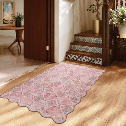 Moroccan 3x5 Area Rug, Unique Scalloped Ultra-Thin Soft Washable Rug, Non-Slip Stain Resistant Lightweight Low-Pile Carpet for Living Room Bedroom Dining Room Office (Pink)