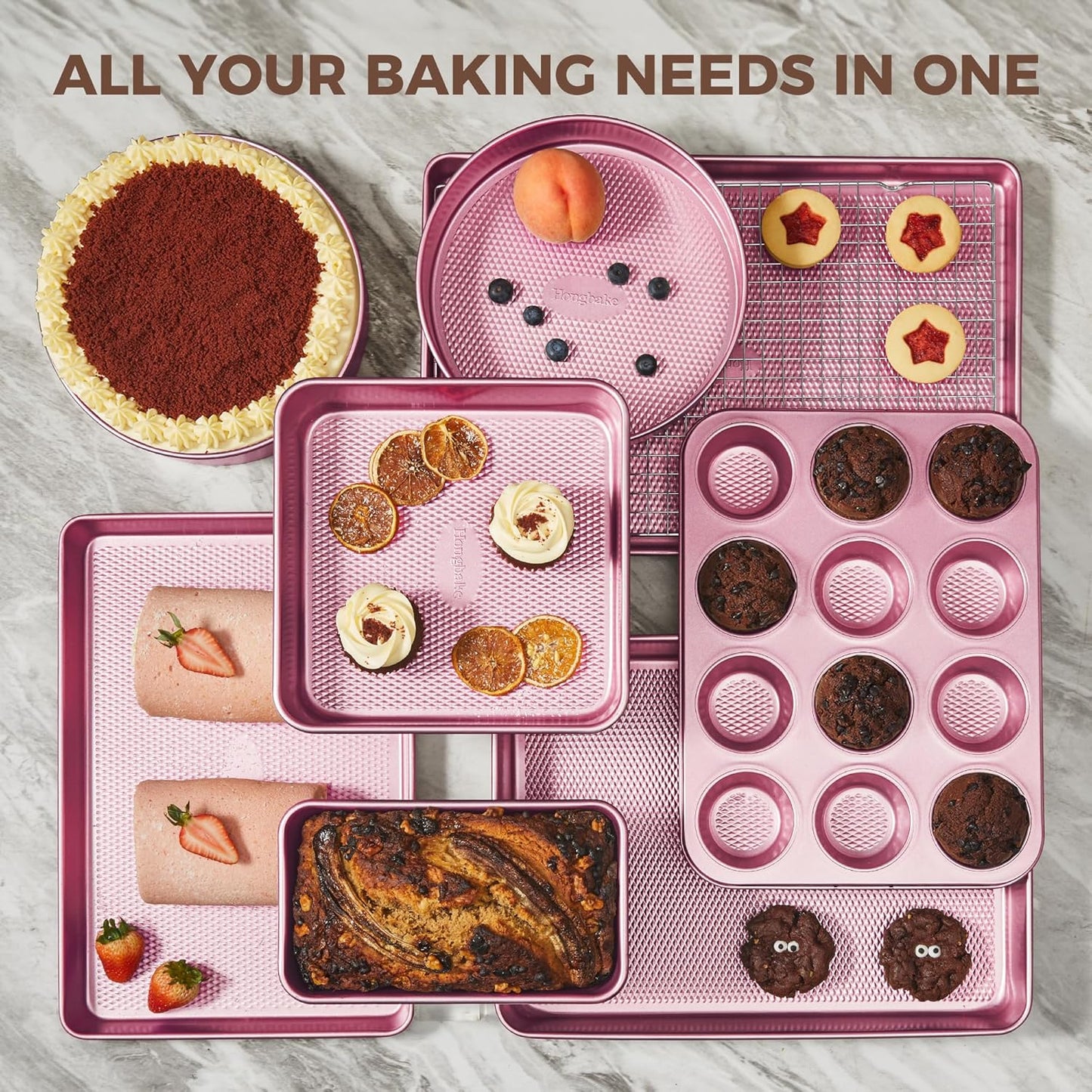HONGBAKE 9-Piece Baking Pans Set Nonstick, Stackable Non Toxic Bakeware Sets with Diamond Texture, Oven Pan Set for Cooking, Includes Cookie Sheet with Rack, Cake Pan, Roasting Pan, Muffin Tin, Pink