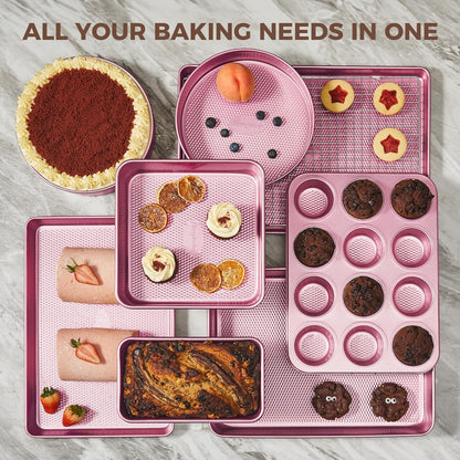 HONGBAKE 9-Piece Baking Pans Set Nonstick, Stackable Non Toxic Bakeware Sets with Diamond Texture, Oven Pan Set for Cooking, Includes Cookie Sheet with Rack, Cake Pan, Roasting Pan, Muffin Tin, Pink