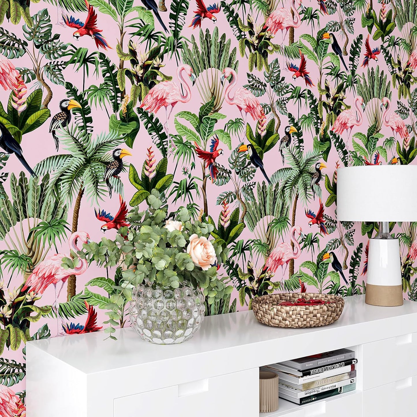 VEELIKE Pink Jungle Wallpaper Peel and Stick Removable Pink Tropical Wallpaper for Bedroom Bathroom Nursery 17.7''x118'' Flamingo Birds Wall Mural Prepasted Tropical Contact Paper for Walls Cabinets