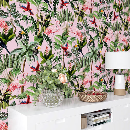 VEELIKE Pink Jungle Wallpaper Peel and Stick Removable Pink Tropical Wallpaper for Bedroom Bathroom Nursery 17.7''x118'' Flamingo Birds Wall Mural Prepasted Tropical Contact Paper for Walls Cabinets