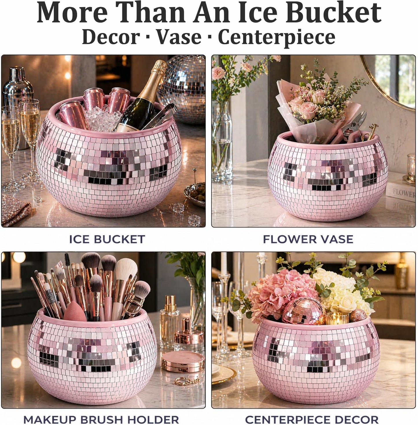 Pink Disco Ball Ice Bucket, Dual Layer Leakproof Mirrored Champagne Bucket Holds 3 Bottles with Ice, Real Glass Mosaic Party Decor for Bachelorette, Girls Night, Birthday, Centerpiece Indoor Outdoor