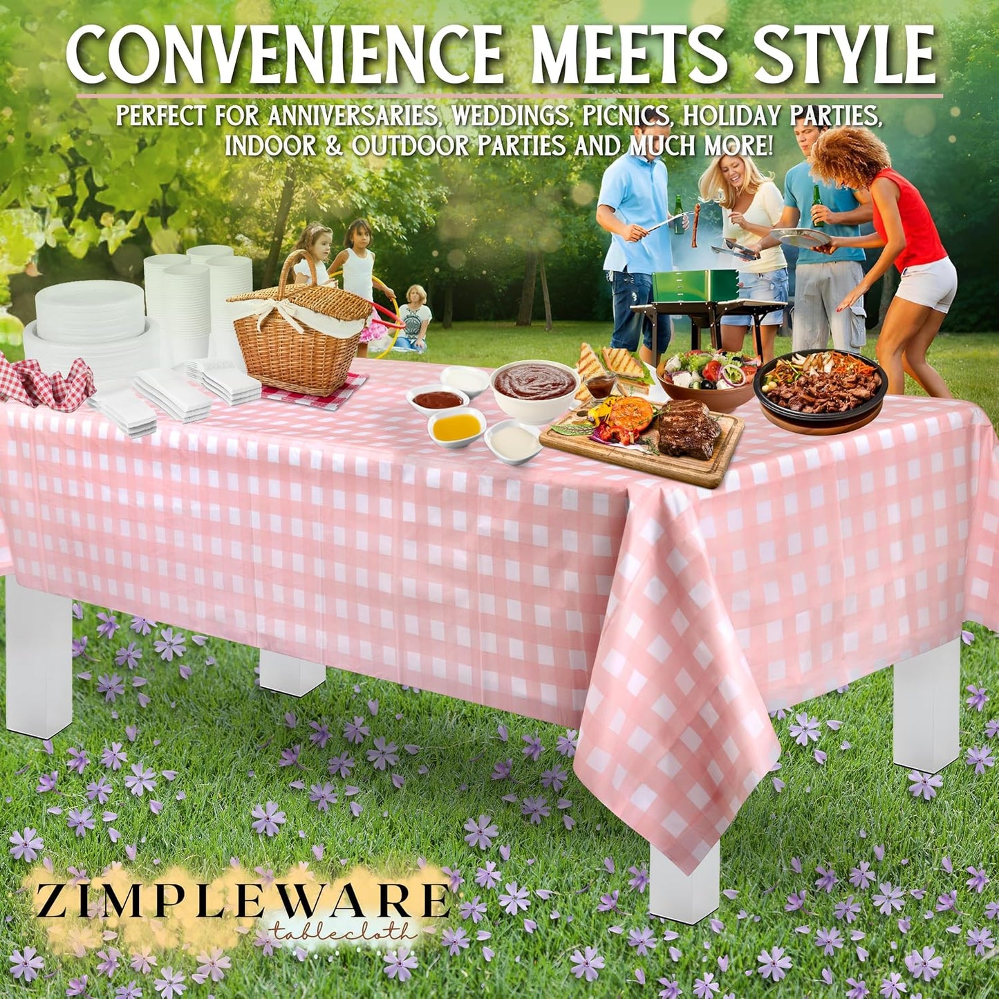 ZIMPLEWARE Premium Pink Gingham Checkered Plastic Table Cloth Disposable (6 Pk) Plastic Tablecloths for Rectangle Tables (54in x 108in) Party Table Cloths Disposable for 6ft to 8ft Rectangle Tables