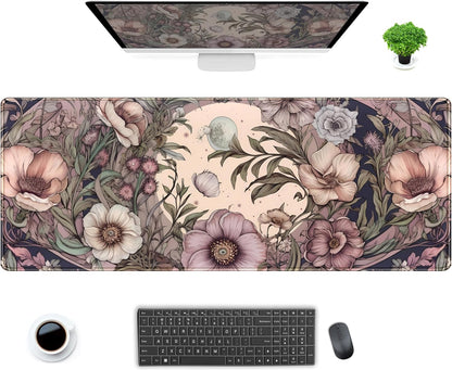 Pastel Purple Floral XL Large Gaming Mouse Pad Pink Flower Forest Desk Mat with Stitched Edges, Non-Slip Rubber Base Mousepad Laptop Computer Keyboard and Mouse Mat 31.5x11.8 in