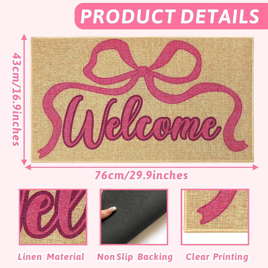 Pink Bow Doormat Outdoor Indoor Welcome Entrance Door Mat Front Back Door Pink Bowknot Inside Outside Floor Mat Non Slip Welcome Carpet Rug Washable Doormat for Porch Patio Home Decor