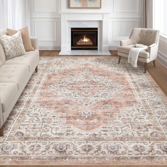 7x10 Area Rug Living Room: Washable Boho Large Neutral Vintage Soft Rug Stain Resistant Farmhouse Non-Slip Indoor Floor Retro Carpet for Bedroom Nursery Kids Office Dining Room- Pink Brown