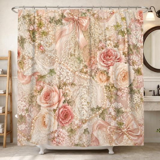 Roses Shower Curtain, Vintage Romantic Lace Bows Spring Peach Waterproof Fabric Decorative Bathroom Curtain for Home Bathroom Toile Hotel Decor 72x78 Inch