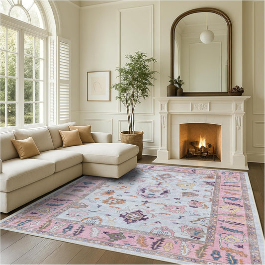 Fame Rugs Pink Beige Modern Oushak Rug 9x12, Vintage Turkish Colorful Oriental Washable Antique Inspired Oversize Area Rugs, Luxury Living Room Bedroom (390PP, 9' x 12)