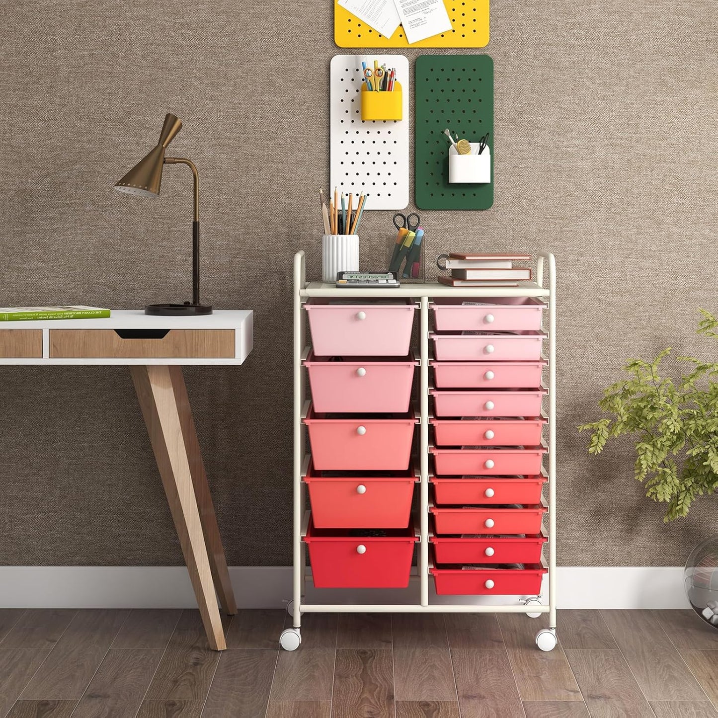 COSTWAY 15 Drawer Rolling Storage Cart, Mobile Utility Cart with Lockable Wheels, Drawers, Multipurpose Organizer Cart for Home, Office, School, Gradient Pink