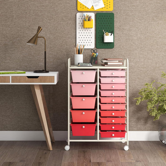 COSTWAY 15 Drawer Rolling Storage Cart, Mobile Utility Cart with Lockable Wheels, Drawers, Multipurpose Organizer Cart for Home, Office, School, Gradient Pink