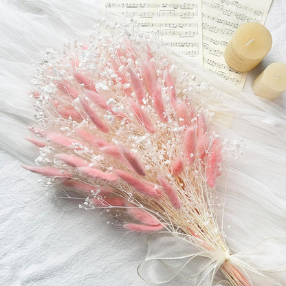 Bunny Tails Dried Flowers Bouquet Fluffy Nature Pampas Grass with Baby Breath Flowers Artificial Flower for Table Bookshelf Home Festival Hobo Wedding Decor (Pink)