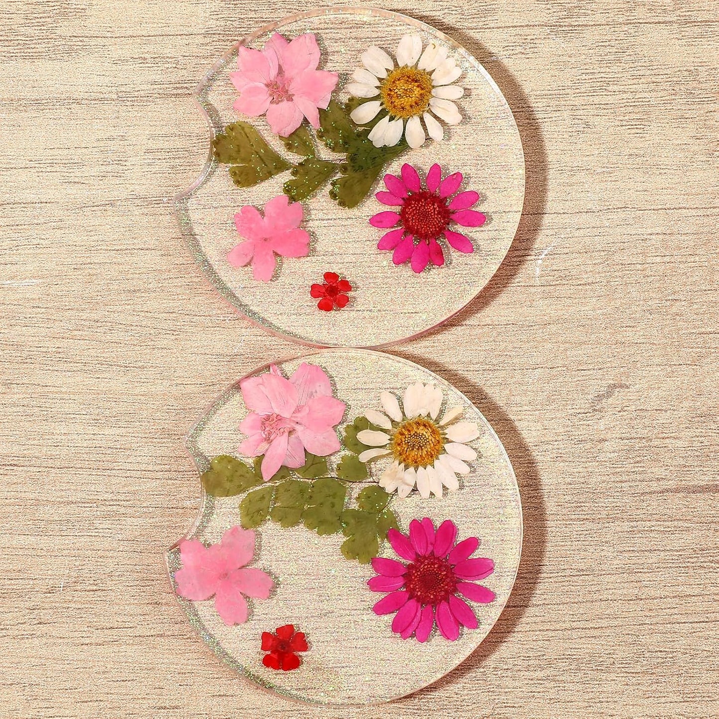 2PCS Resin Coasters, Flower Pink Coaster for Women, Resin Transparent Pink Cup Holder Coaster for Cars, Suitable for Most Cars Cup Holders, Both Functional and Decorative, 2.56 Inch