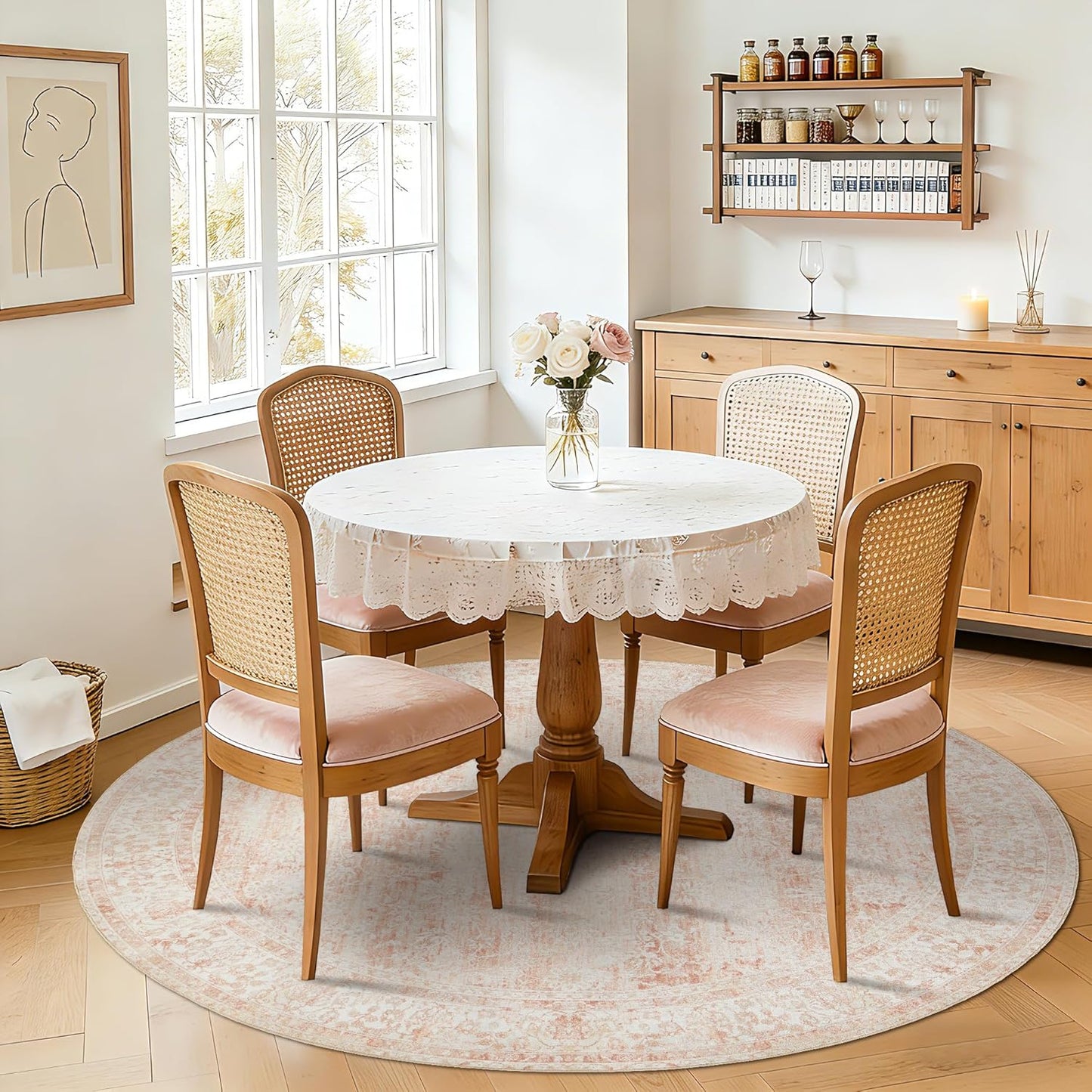 BILEEHOME Round Rug 8x8 Feet 8ft Washable Area Rug for Living Room Girl Bedroom,Boho Floral Print Blush Pink Circle Rugs 8' Round for Dining Room