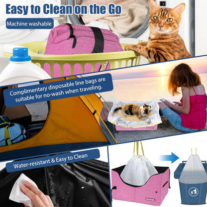 Petskd High Sides Portable Travel Litter Box for Cats with Lid and 10 pcs Liner Bags, Light Weight and Leak-Proof for Road Trips, Hotel Stays, Car Travel(Pink)