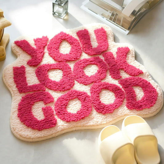 KOEXM You Look Good Bath Mat Pink, Cute Bathroom Rugs for Girls Fun Funny Funky Rug Bedroom Pink Preppy Bathroom Decor Hello Beautiful Gorgeous Bath Rugs for Kids Women Non-Slip, 25" x 21"