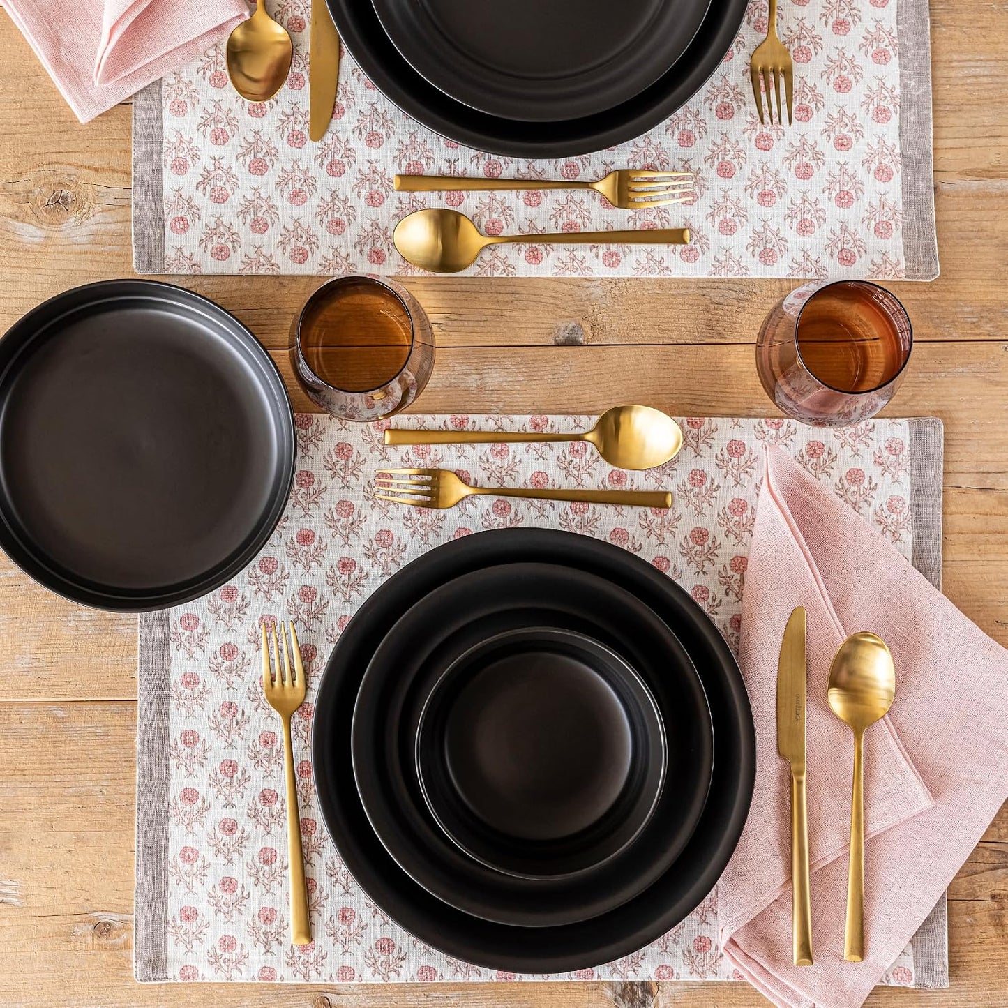 Over&Back Set of 4 Hand-Blocked Placemats - Colorful Dining Table Mat - Each Placemat is Unique - 100% Cotton - Machine Washable - Kitchen and Home Decor - Pink Blossom