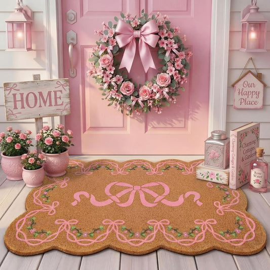 Jenaai Pink Bow Welcome Doormat, 16 x 29 Inches Cute Front Coir Door Mat with Scalloped Design, Non Slip Outdoor for Entryway Patio Porch Indoor Decor