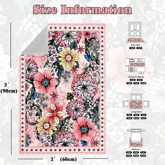Yinhua Door Mat Indoor Entrance 2x3 Washable Boho Floral Rug for Entryway, Pink Small Area Rug Non Slip Entryway Rugs Low Pile Throw Rugs for Kitchen, Laundry, Entry, Kids Room, Pink