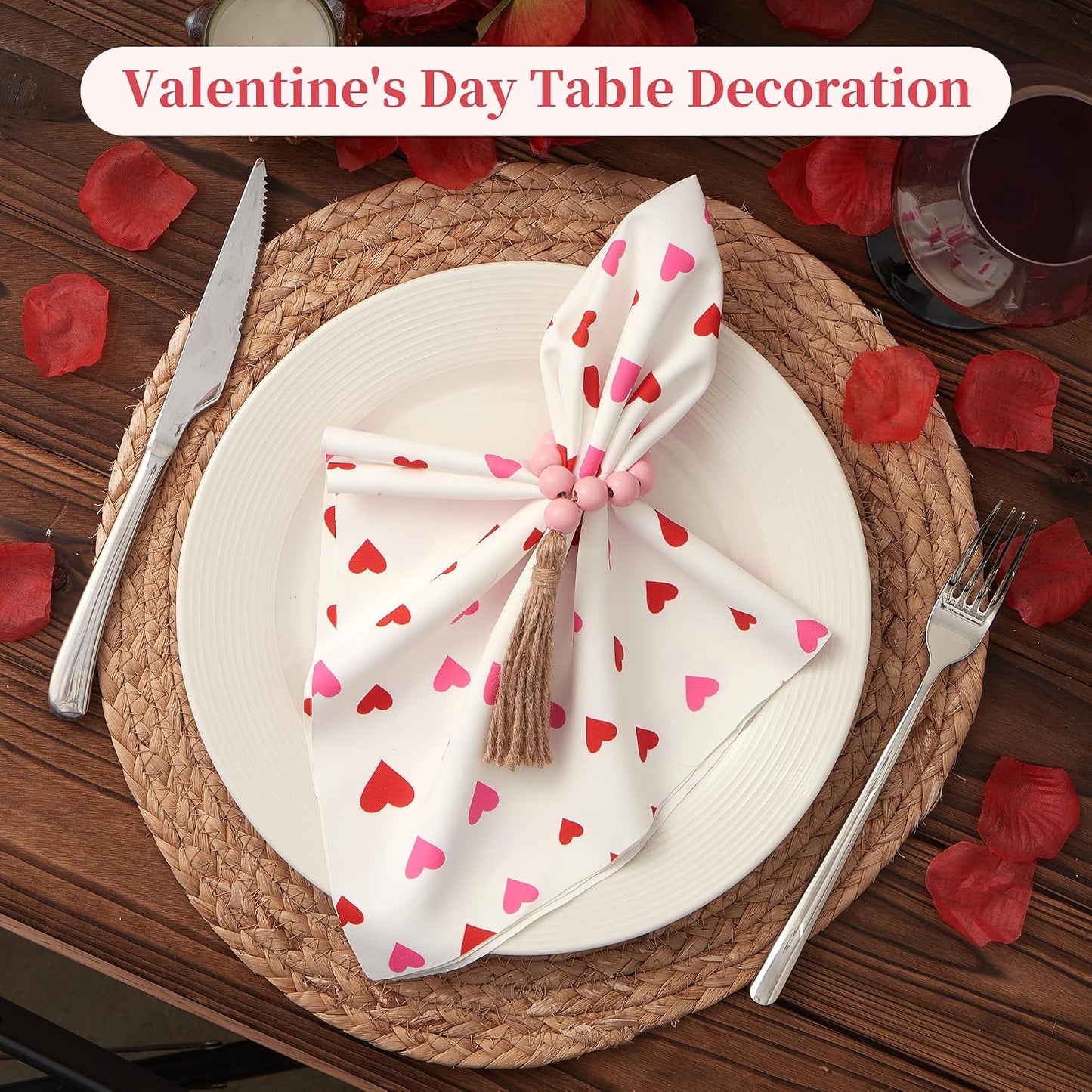 APTWOW Valentine Napkin Rings Set of 6, Pink Wooden Bead Napkin Rings for Table Decor, Valentine's Day Farmhouse Napkins Rings for Boho Table Decor, Spring Banquet, Wedding, Easter