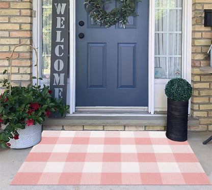 Pink and White Front Door Mat 24''X35'' Buffalo Plaid Checked Front Porch Rug Cotton Woven Washable Rug Layering Doormat for Welcome Door Mat Entryway Dining Room Bedroom Living Room