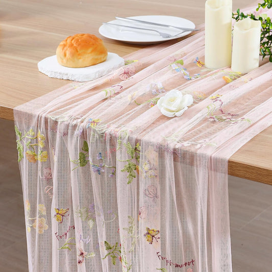 BINBE 1pcs Pink Florals Table Runner Embroidery Gauze 10FT Daisy Seasonal Tulle Birthday Wedding Holiday Kitchen Dining Table Decor for Home Party
