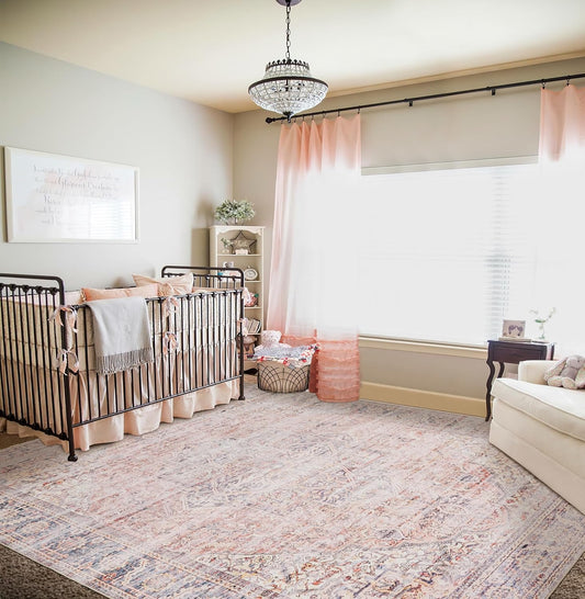 Large Living Room Rug 8x10 Machine Washable Pink Carpet for Bedroom Boho Vintage Area Rug Pink Floral Floor Covering Non Slip,Blush and Grey