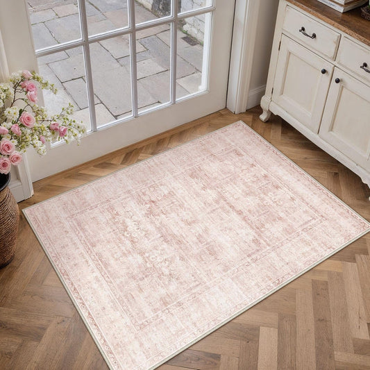 HUGEAR Retro 2x3 Washable Small Entryway Area Rugs Pink Throw Carpet Vintage Distressed Neutral Stain Resistant Non Slip Low Pile for Playroom Kidsroom Home Aesthetic Decor