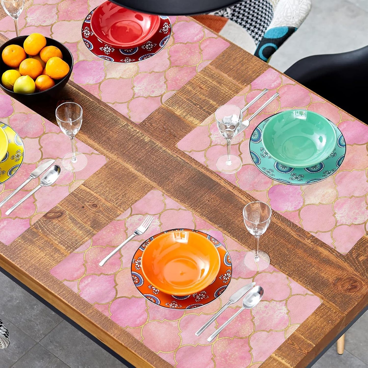 Vintage Pink Geometric Placemats Set of 4, 12x18 Inch Non-Slip Washable Heat Resistant Linen Fabric Table Mats,Place Mats for Holiday Party
