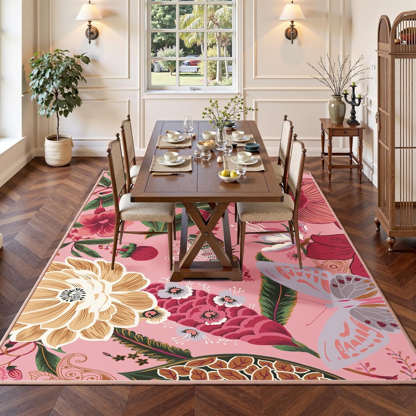 Tyrot Pink Boho Floral Living Room Rug, 5x7 Rug Washable Botanical Butterfly Area Rugs Flat Woven Ultra-Thin Non Slip Low Pile Carpet for Bedroom, Dining Room, Office, Kids Room