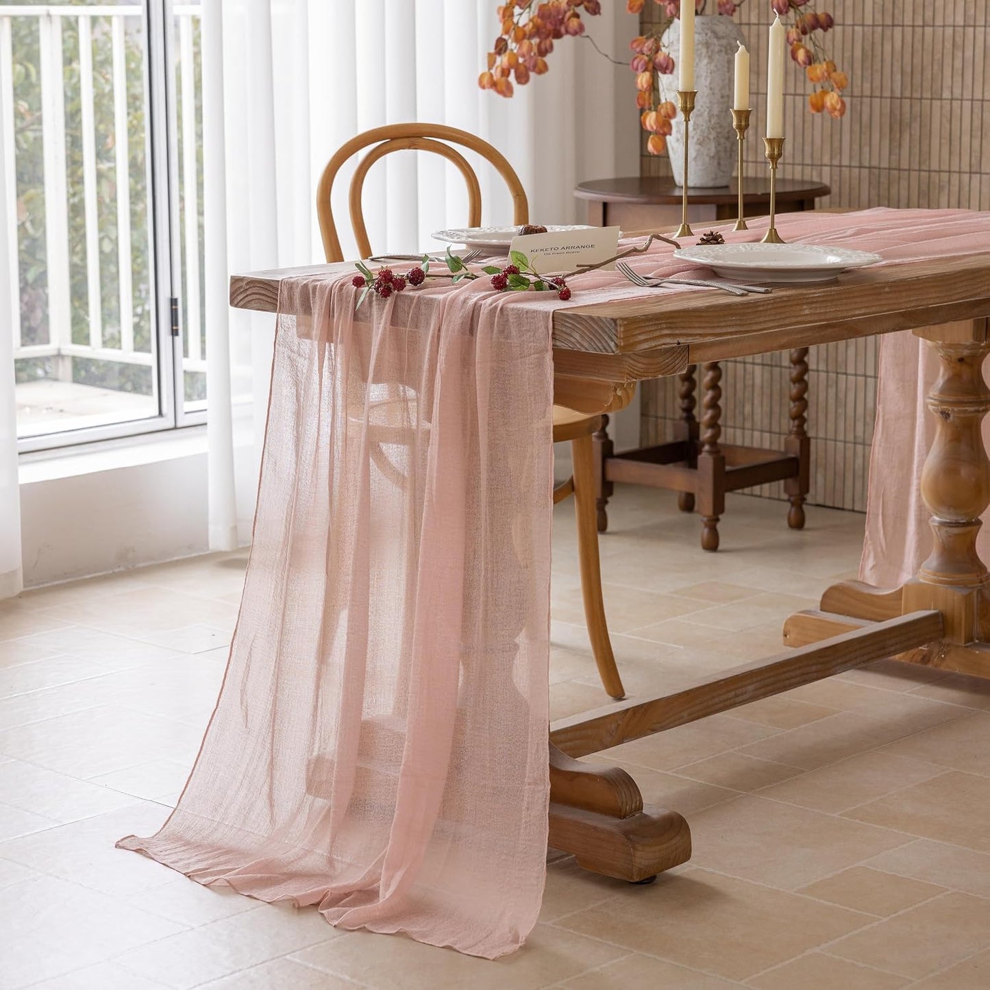 Keketoarrange Dusty Pink Table Runner Cheesecloth Gauze Rustic 120 Inch 10 FT for Wedding Baby Shower Bridal Shower Birthday Engagement Party Long Sheer Boho Centerpiece Summer Home Decorations