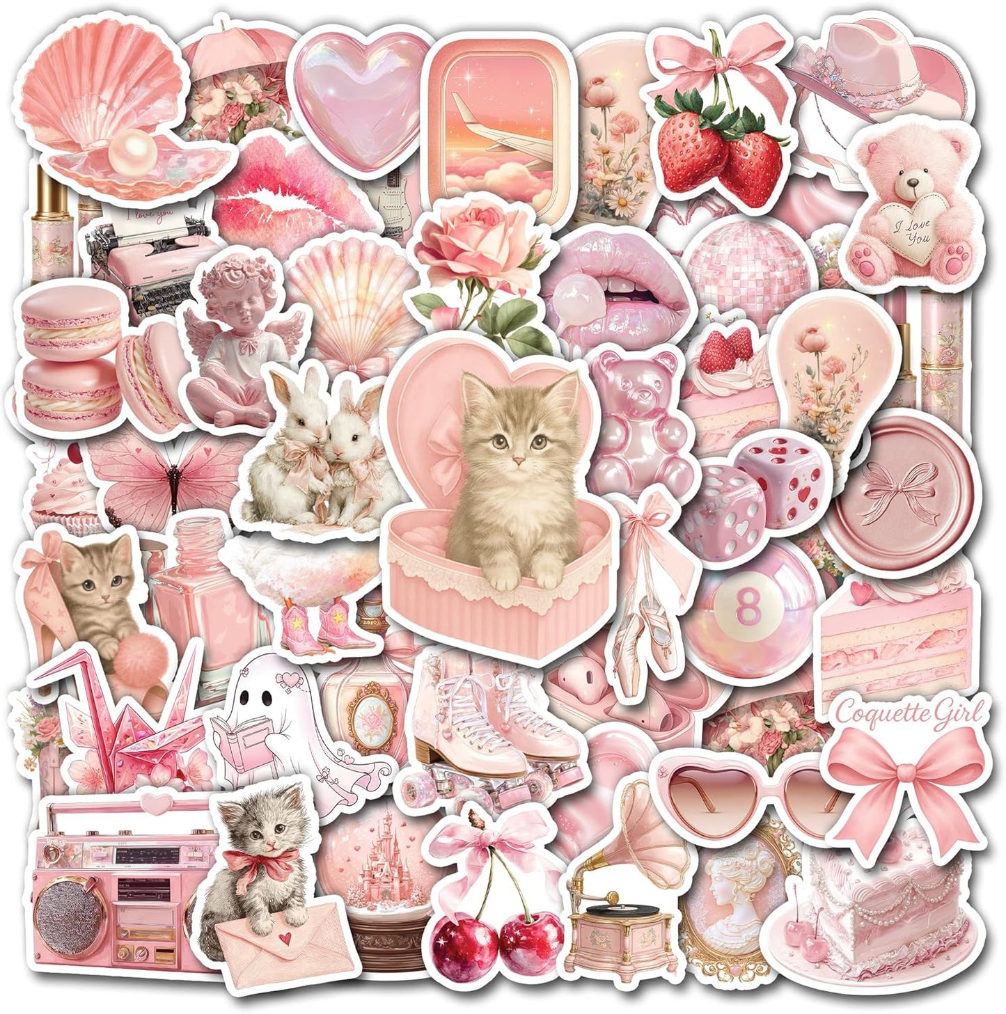 50 Pcs Coquette Stickers Cute Pink Aesthetic Sticker Waterproof Pastel Cute Bow Decals Water Bottle Laptop Journal Planner Scrapbook Phone Guitar Luggage Cup Gifts for Women Teens Girls
