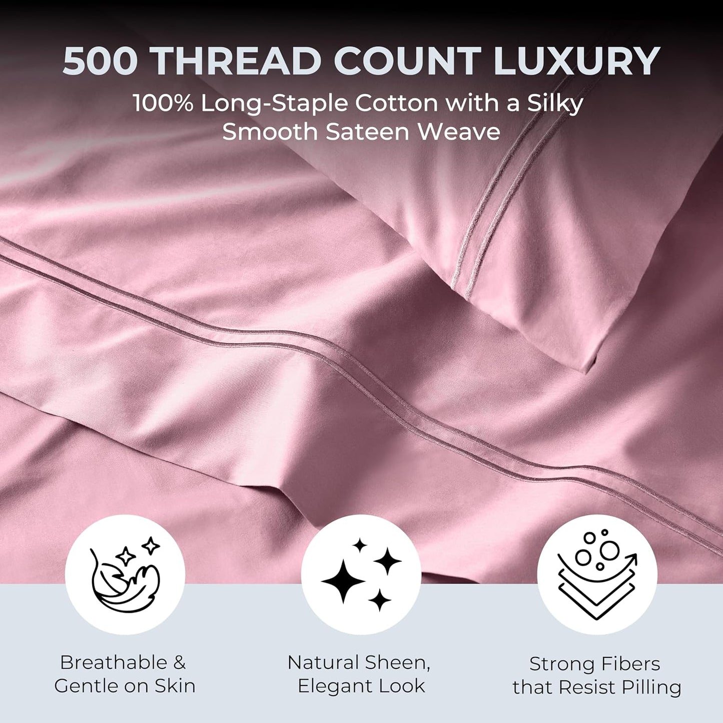 100% Natural Cotton Sheets Queen Size Bed Set | 500 TC Single-Ply Sateen Weave | Soft, Breathable, Hypoallergenic Solid 4-Piece Bedding with Deep Pocket Fitted, Flat, Pillowcase | Blush