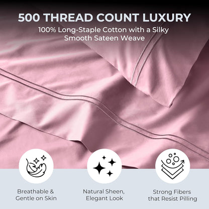 100% Natural Cotton Sheets Queen Size Bed Set | 500 TC Single-Ply Sateen Weave | Soft, Breathable, Hypoallergenic Solid 4-Piece Bedding with Deep Pocket Fitted, Flat, Pillowcase | Blush