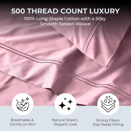 100% Natural Cotton Sheets Queen Size Bed Set | 500 TC Single-Ply Sateen Weave | Soft, Breathable, Hypoallergenic Solid 4-Piece Bedding with Deep Pocket Fitted, Flat, Pillowcase | Blush