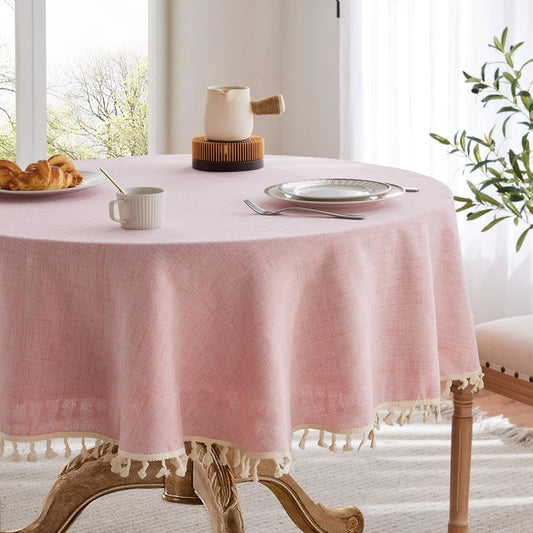 Tassel Linen Round Table Cloth, Pink 60 Inch | Tassel Trimmed, Sleek Draping, Cotton Blend, Water Stain Resistant Dining Tablecloths, Washable Farmhouse Table Cover