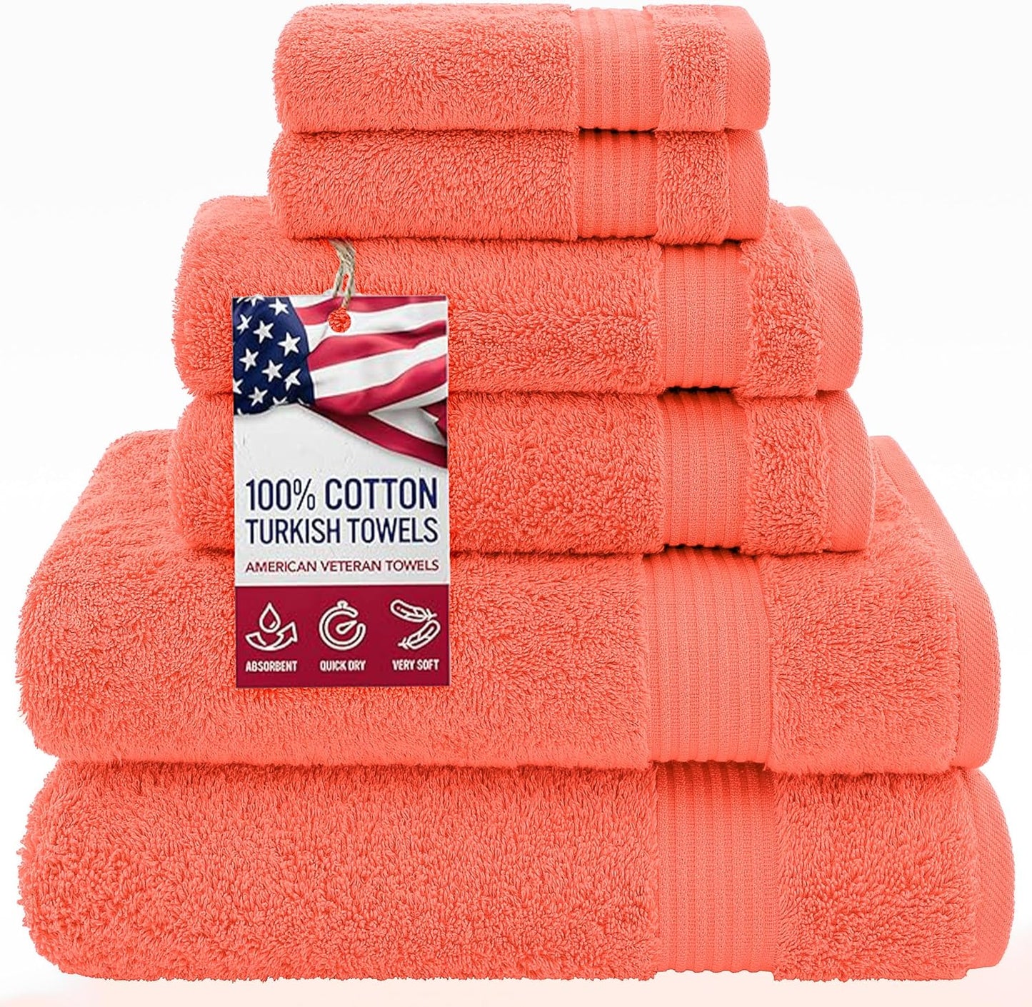 American Veteran Towel, 100% Cotton Turkish 6 Piece Towel Set, Luxury Towels Set of 6 for Bathroom Essentials, 2 Bath Towels 2 Hand Towels 2 Washcloths, Coral