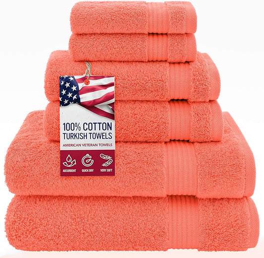 American Veteran Towel, 100% Cotton Turkish 6 Piece Towel Set, Luxury Towels Set of 6 for Bathroom Essentials, 2 Bath Towels 2 Hand Towels 2 Washcloths, Coral