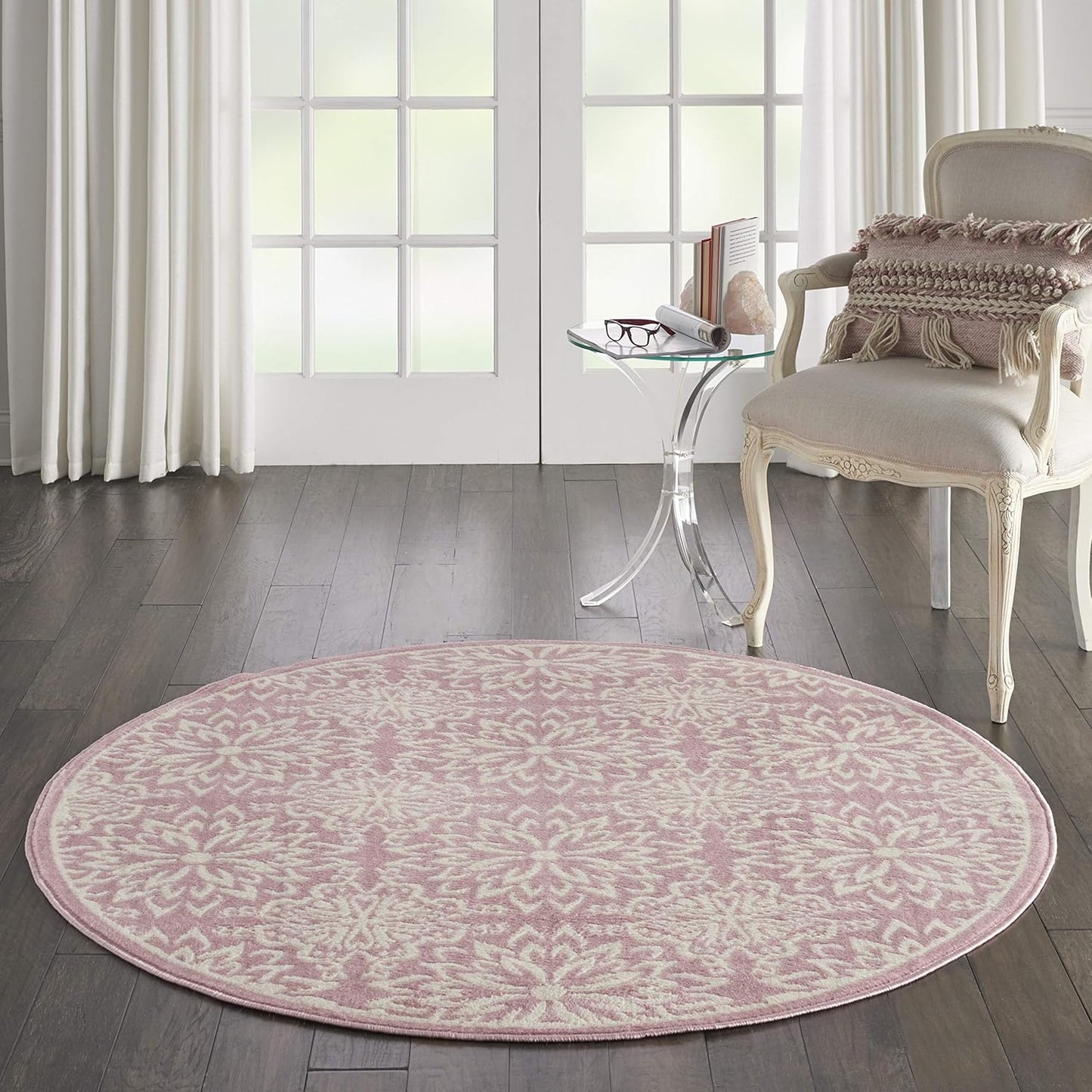 Nourison Home Jubilant Floral Ivory/Pink 5'3'' x Round Area-Rug, Easy-Cleaning, Non Shedding, Bed Room, Living Room, Dining Room, Kitchen (5 Round)